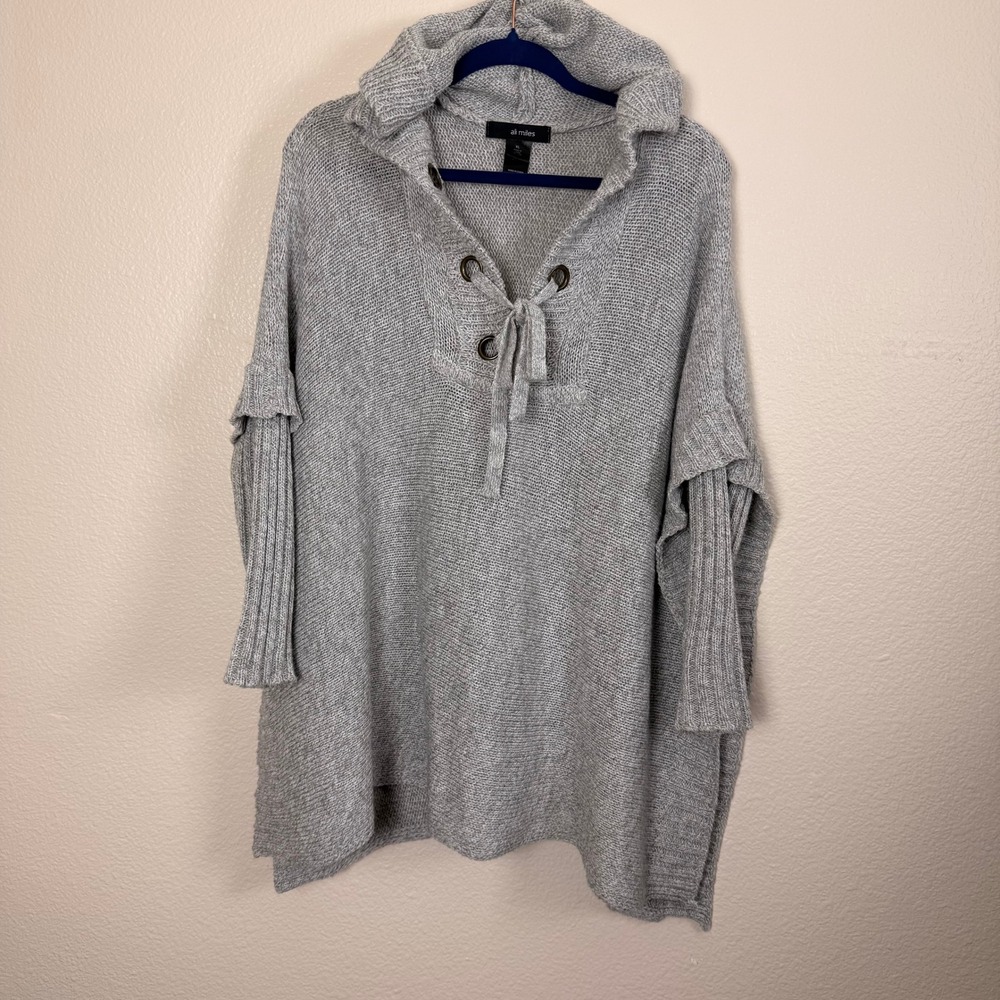 Ali Miles Poncho Sweater XL Gray Coastal Grandma Lace Up Hooded Ribbed Sleeve